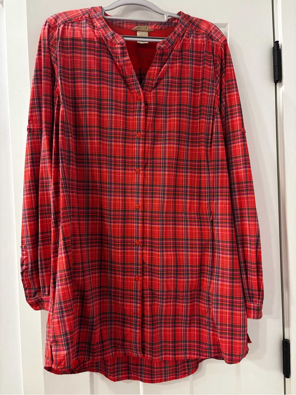 Duluth Trading Women's Coral Plaid Button-Front Tunic Dress